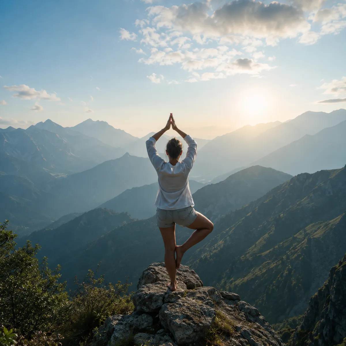 Yoga inmitten einer weiten Berglandschaft im Morgenlicht